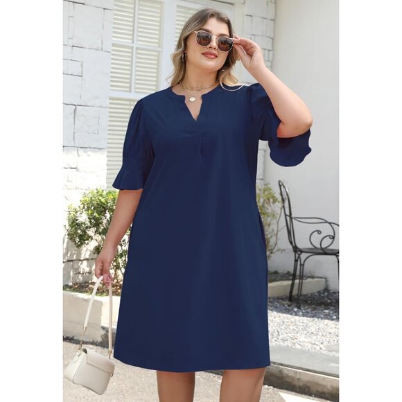 Plus Size Casual Summer Dress Polyester V Neck Ruffled Sleeves Pockets - Picture 3 of 5